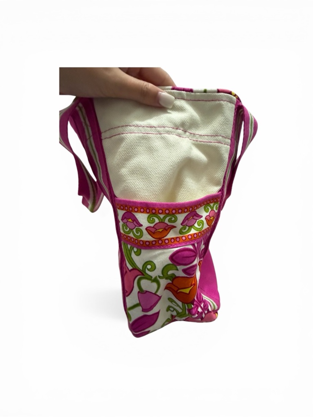 Vera Bradley Hot Pink Canvas Tote with Green & White Striped Handles - Picture 2 of 4